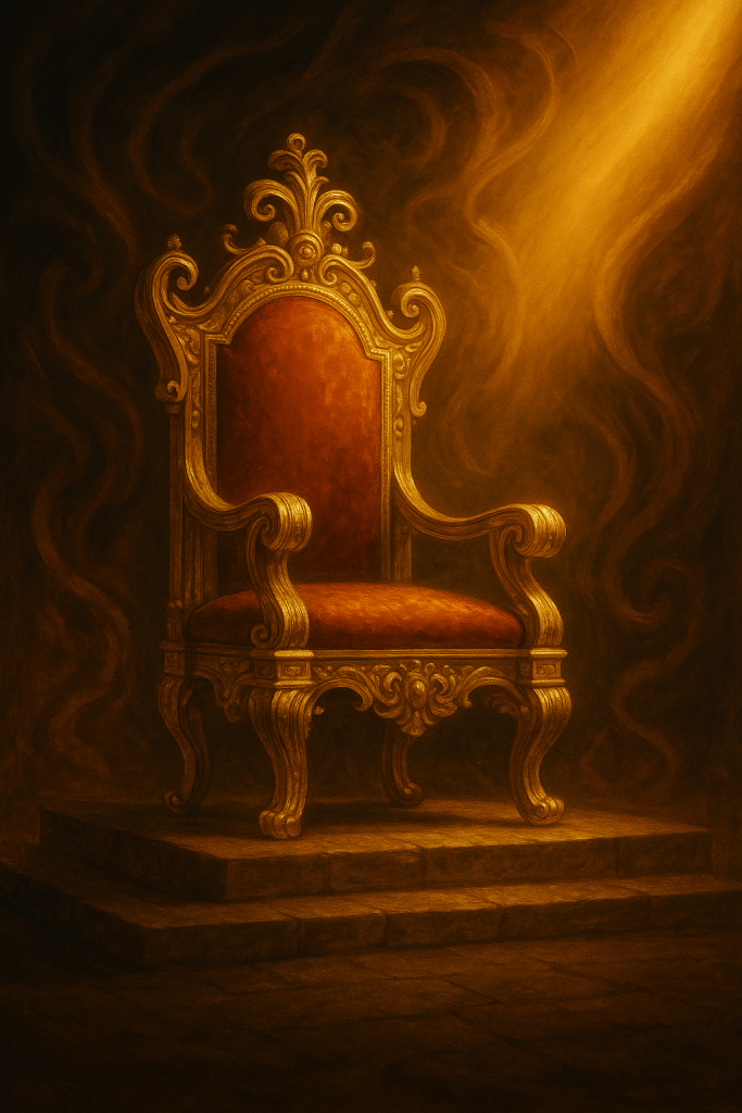 Trono dorado vacío iluminado por un haz de luz