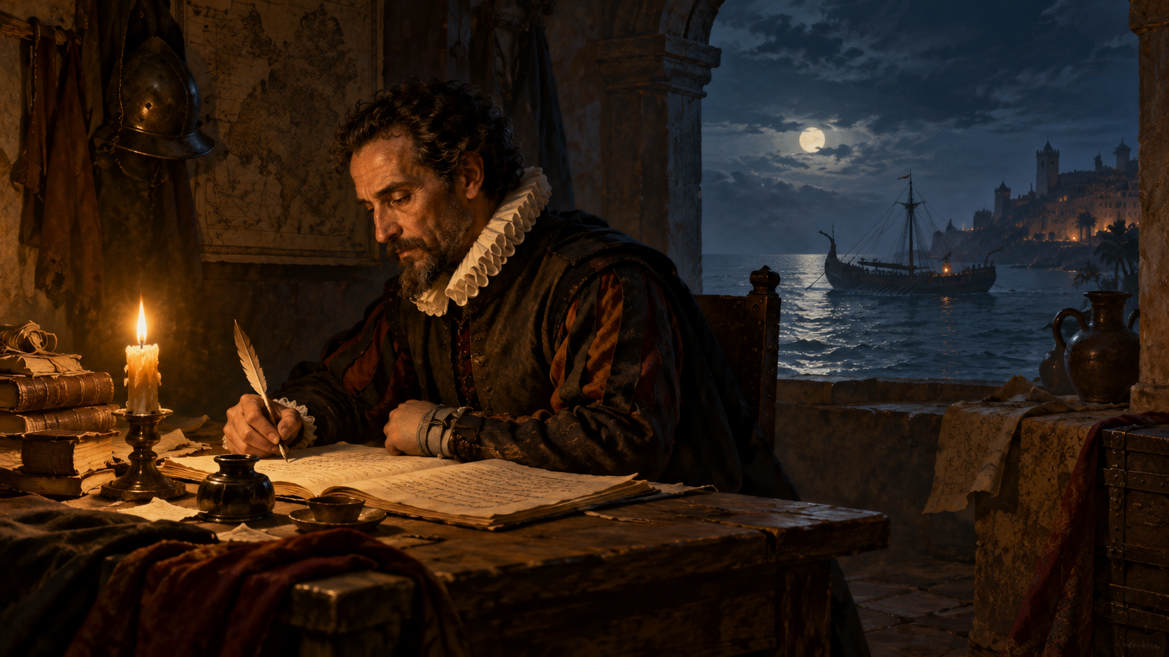 Evocación de Miguel de Cervantes escribiendo a la luz de una vela